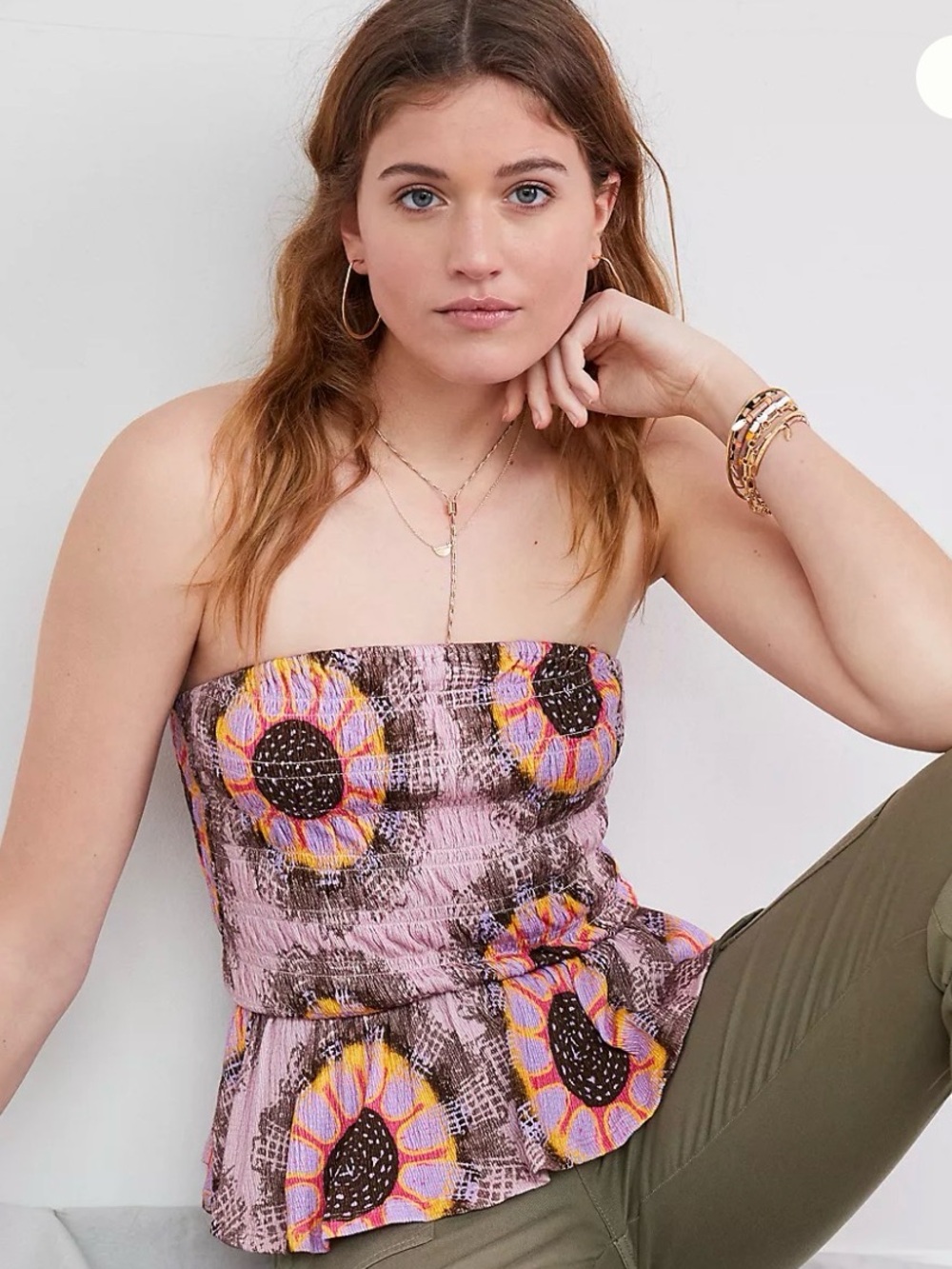 NWOT AnthropologieSmocked Peplum Floral Strapless Tube Top Purple Pink Sz Small